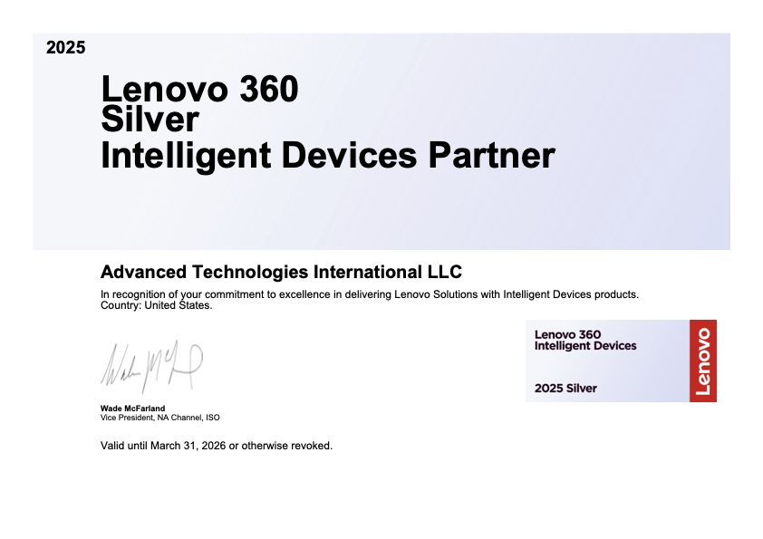 Lenovo 360 Silver Intelligent Devices Partner Certificate for Advanced Technologies International LLC